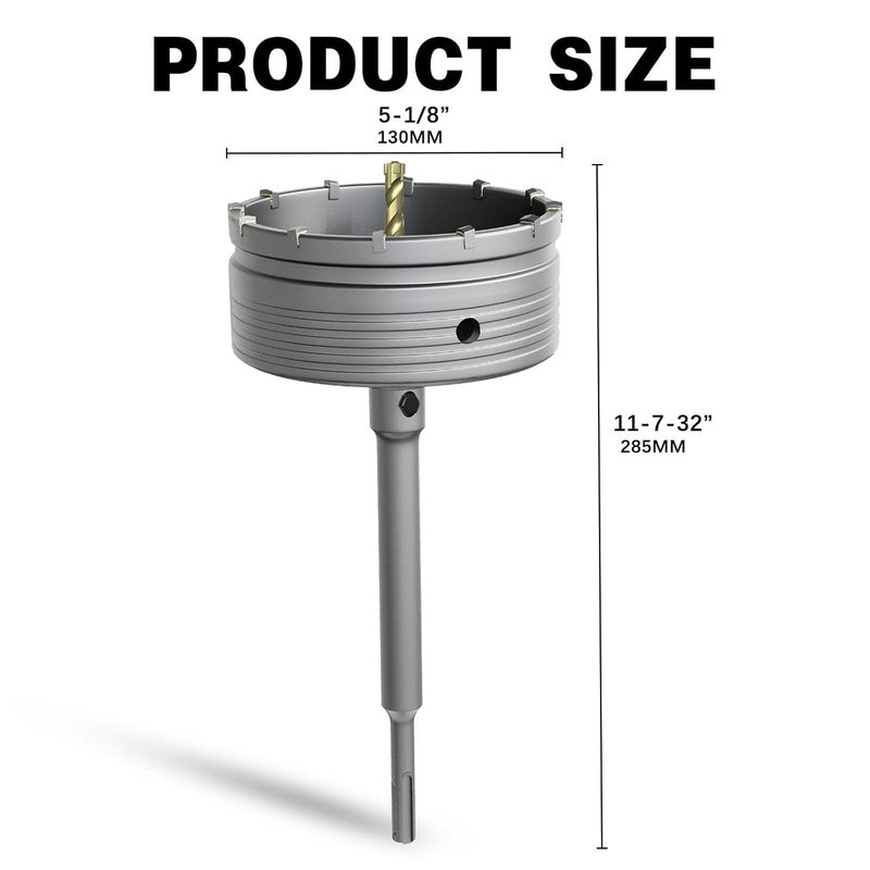 METOTO 5-1/8" Concrete Hole Saw,130mm Masonry Hole Saw, with 220mm SDS Plus Shank Connecting Rod for Concrete Brick Cement Stone Wall Drilling Home Improvement - Image 2